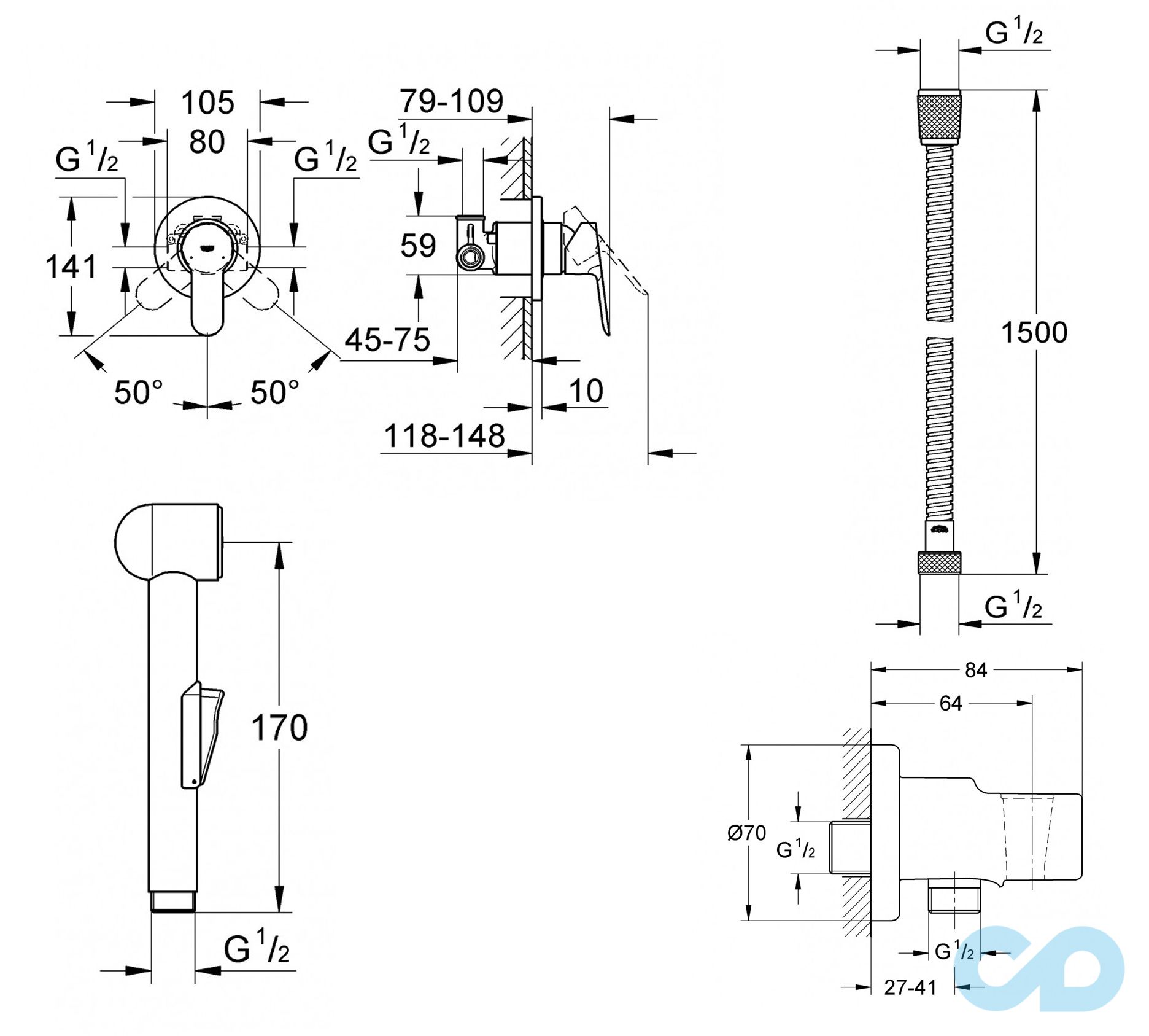 креслення Набір для гігієнічного душу Grohe BauEdge 28343007