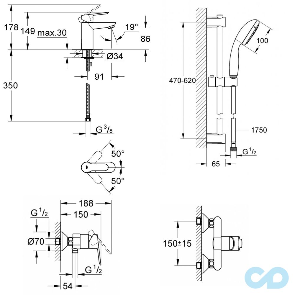 креслення Набір змішувачів Grohe BauEdge 118099/123208