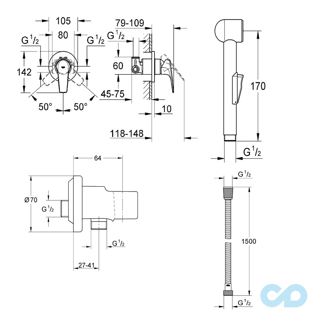 креслення Набір для гігієнічного душу Grohe BauFlow 28343008