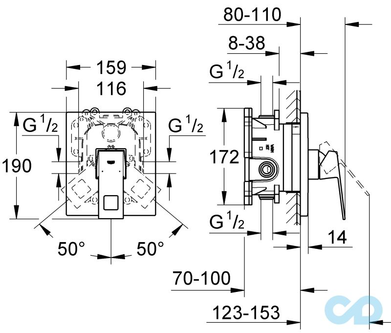 креслення Змішувач для душа НЧ Grohe Eurocube 19898000