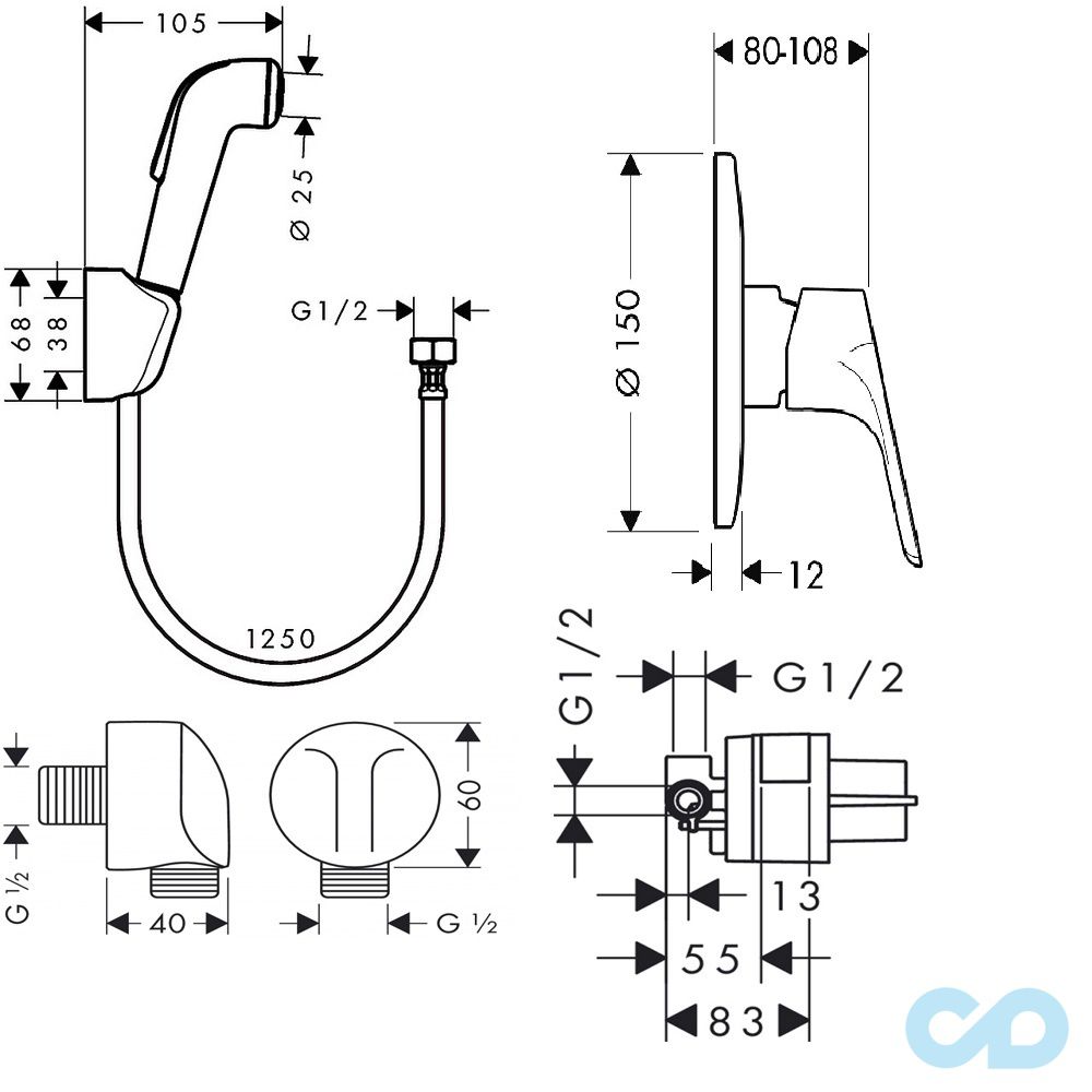 креслення Набір для гігієнічного душу Hansgrohe Focus E2 32127111