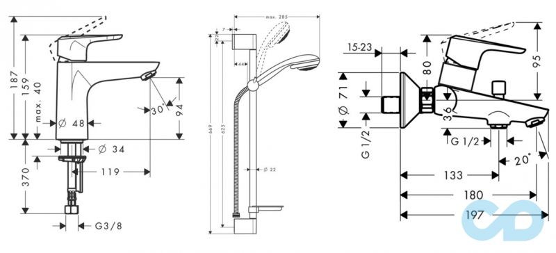креслення Набір змішувачів Hansgrohe Ecos L 27021000
