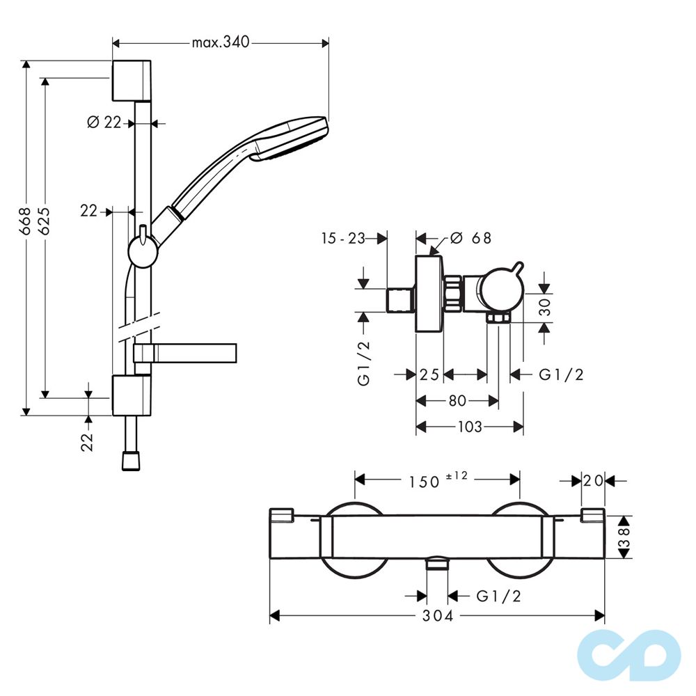 креслення Душовий набір Hansgrohe Croma 100 Vario 27034000