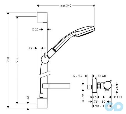 креслення Душовий набір Hansgrohe Croma 100 Vario 27033000