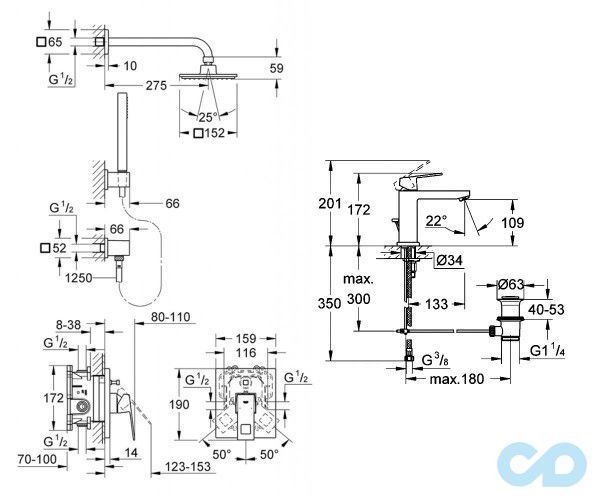 креслення Набір змішувачів для душу Grohe Eurocube 234234