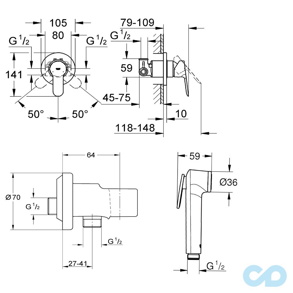 чертеж Набор для гигиенического душа скрытого монтажа Grohe ВauEdge 28343006