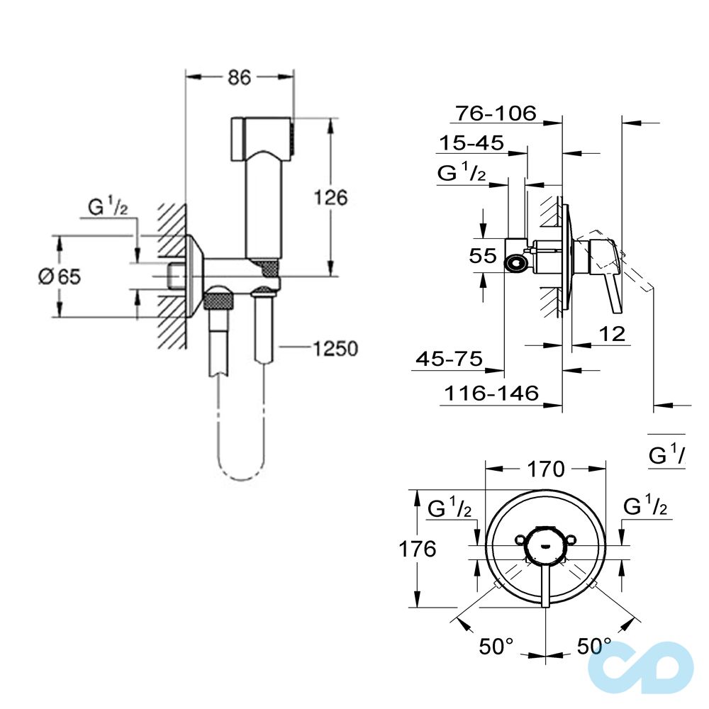 креслення Набір для гігієнічного душу прихованого монтажу Grohe Concetto 26332007
