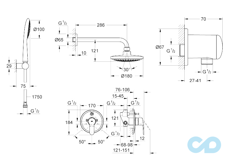 чертеж Душевая система Grohe Eurostyle Сosmopolitan 26000001