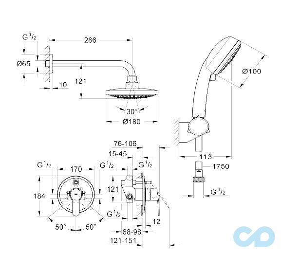 креслення Душова система Grohe Euphoria 32879008