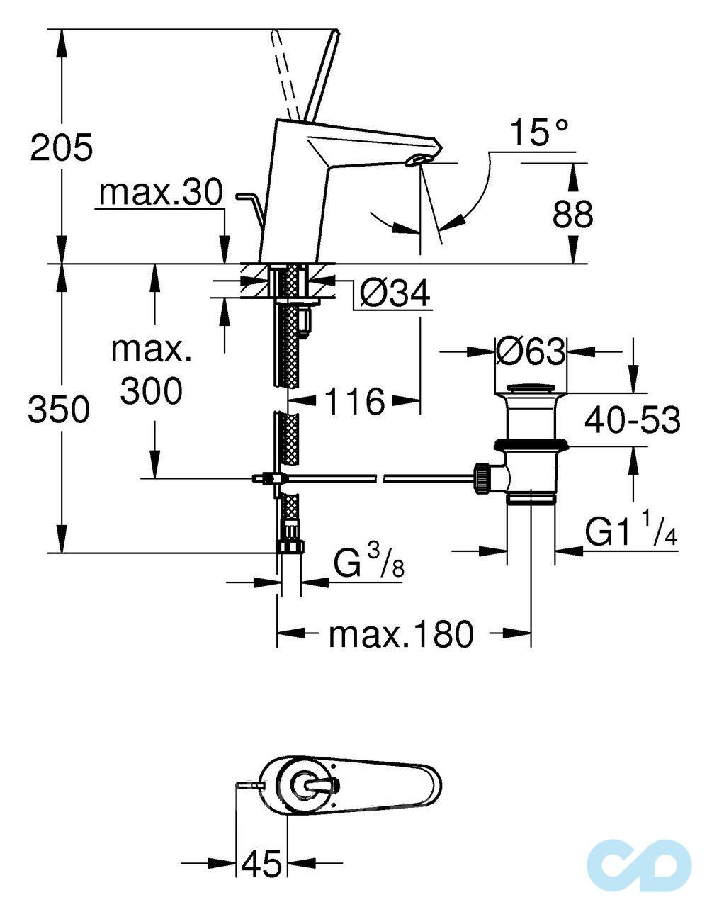 розмір змішувач для раковини grohe eurodisc joy 23425000