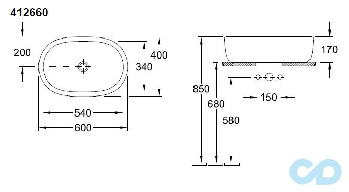 розміри раковина накладна villeroy & boch architectura 41266001