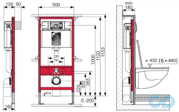 креслення Інсталяція для унітазу TECE base 4 в 1 9400005