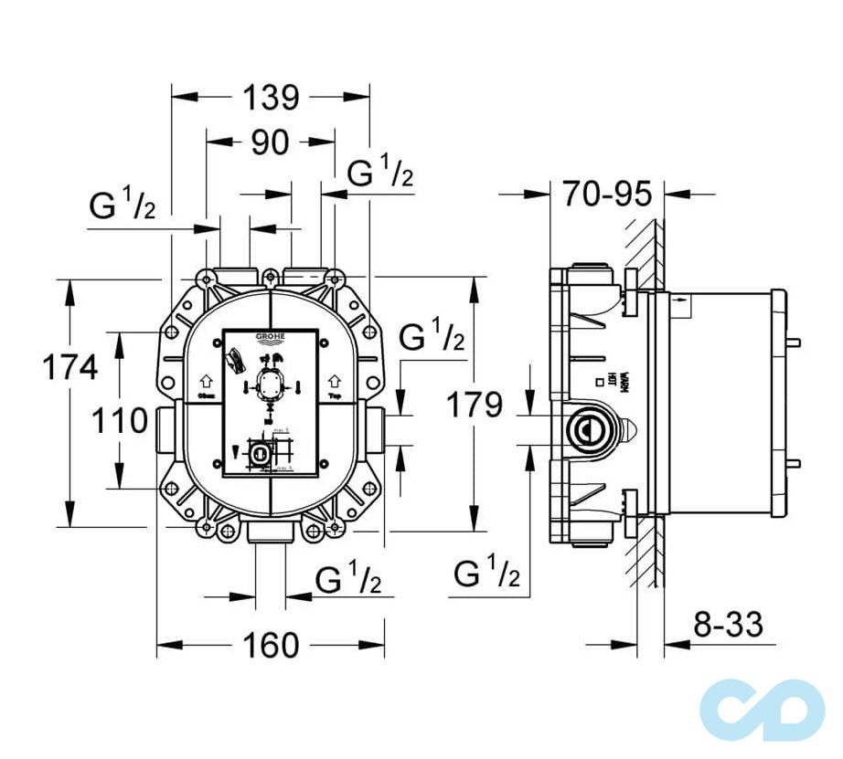 чертеж Встроенный универсальный термостат Grohe Rapido T 35500000
