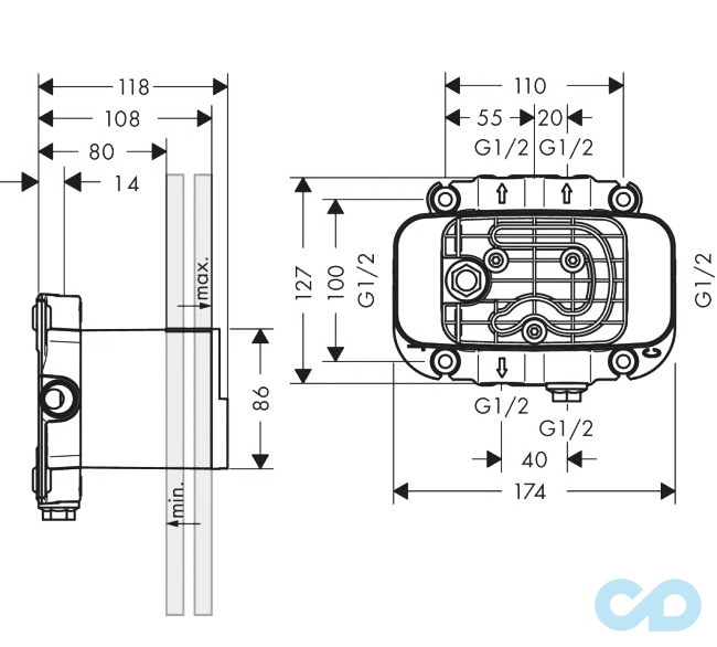 креслення Прихована частина термостата Axor One 45710180