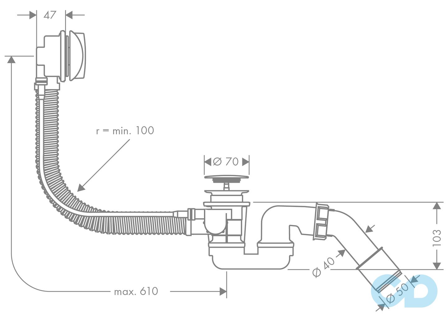 креслення Злив-перелив для ванни Hansgrohe Flexaplus 58143000