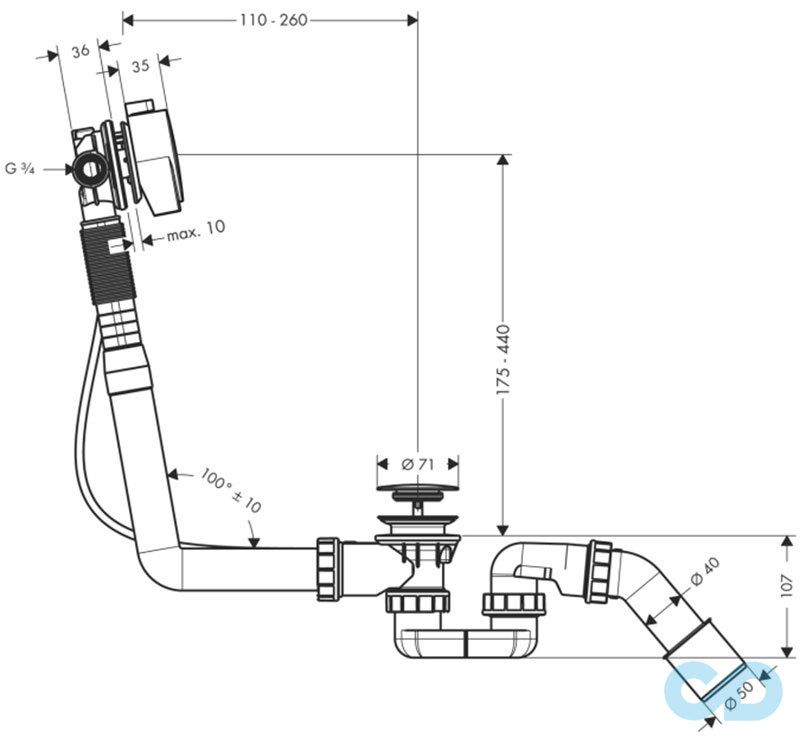 креслення Злив-перелив для ванни з наповненням Hansgrohe Exafill S 58113000