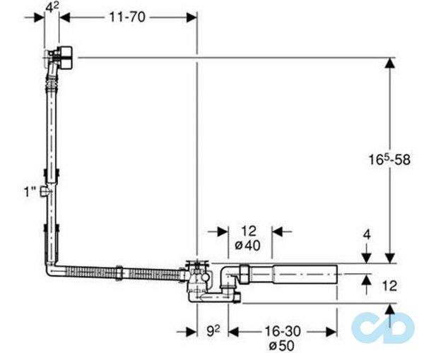 креслення Злив-перелив подовжений з підведенням води Geberit 150.711.21.1