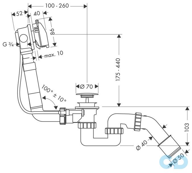 креслення Сифон для ванни Hansgrohe Exafill 58123000
