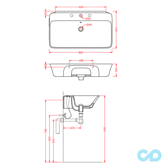 креслення Pаковіна Artceram Cow CWL003
