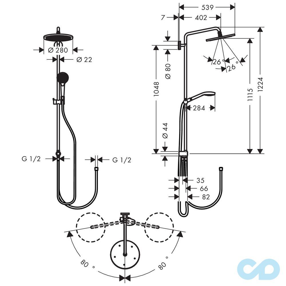креслення Душова система Hansgrohe Croma Select 280 Air 1jet Showerpipe Reno EcoSmart 26793000