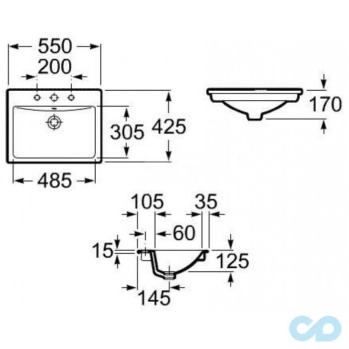 креслення Раковина вбудована Roca Diverta A327114000