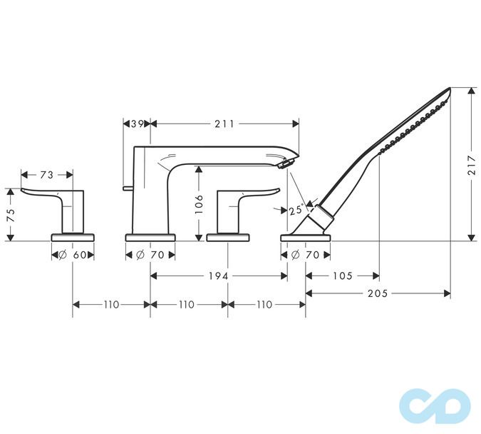розмір змішувач на борт ванни hansgrohe metris 31442000