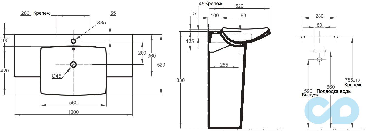 креслення Раковина зі стільницею Jacob Delafon Escale E1280