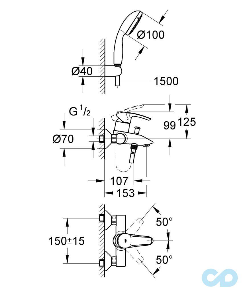 розмір змішувач для ванни grohe eurostyle 33592003