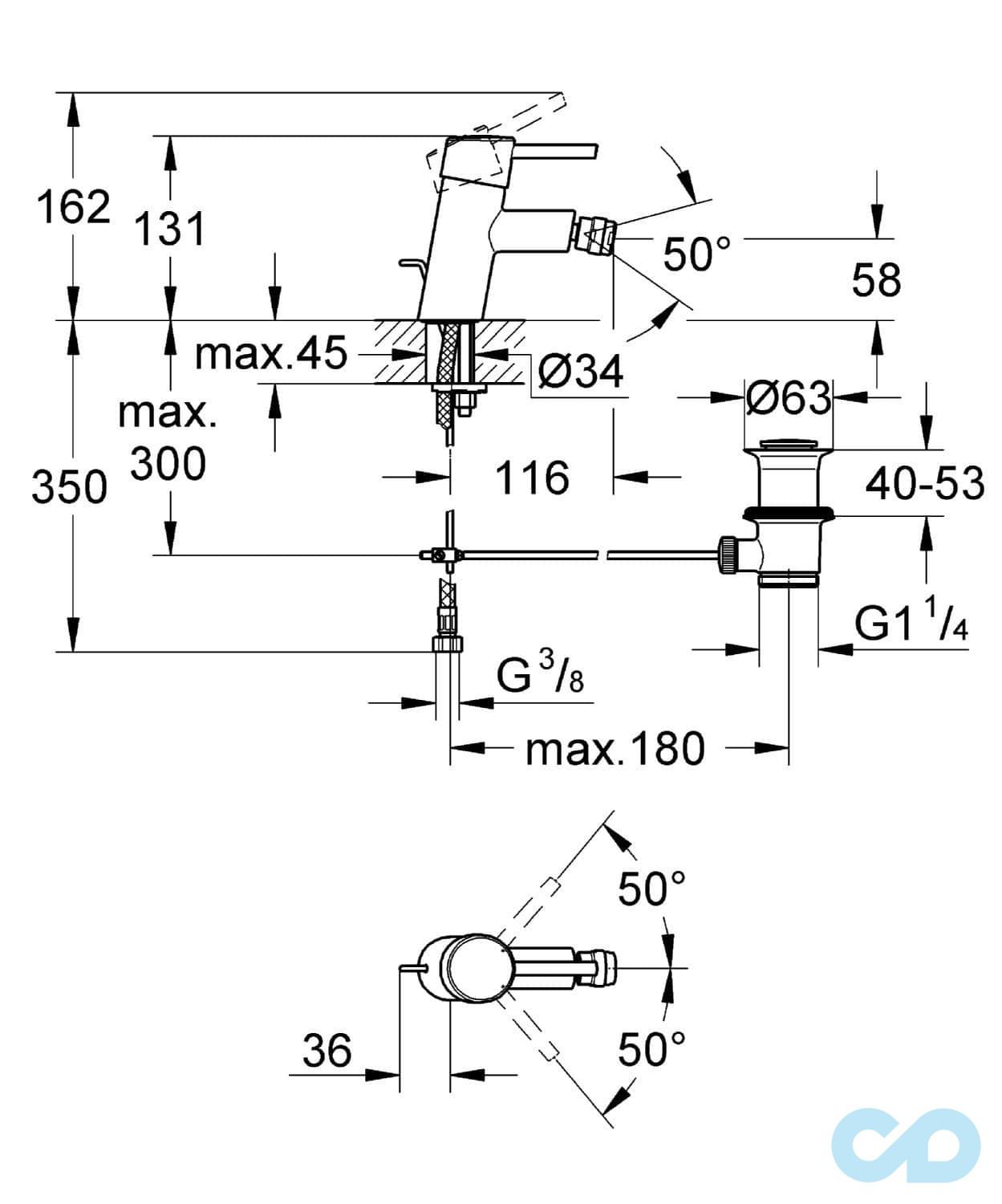 розмір змішувач для біде grohe concetto 32208001