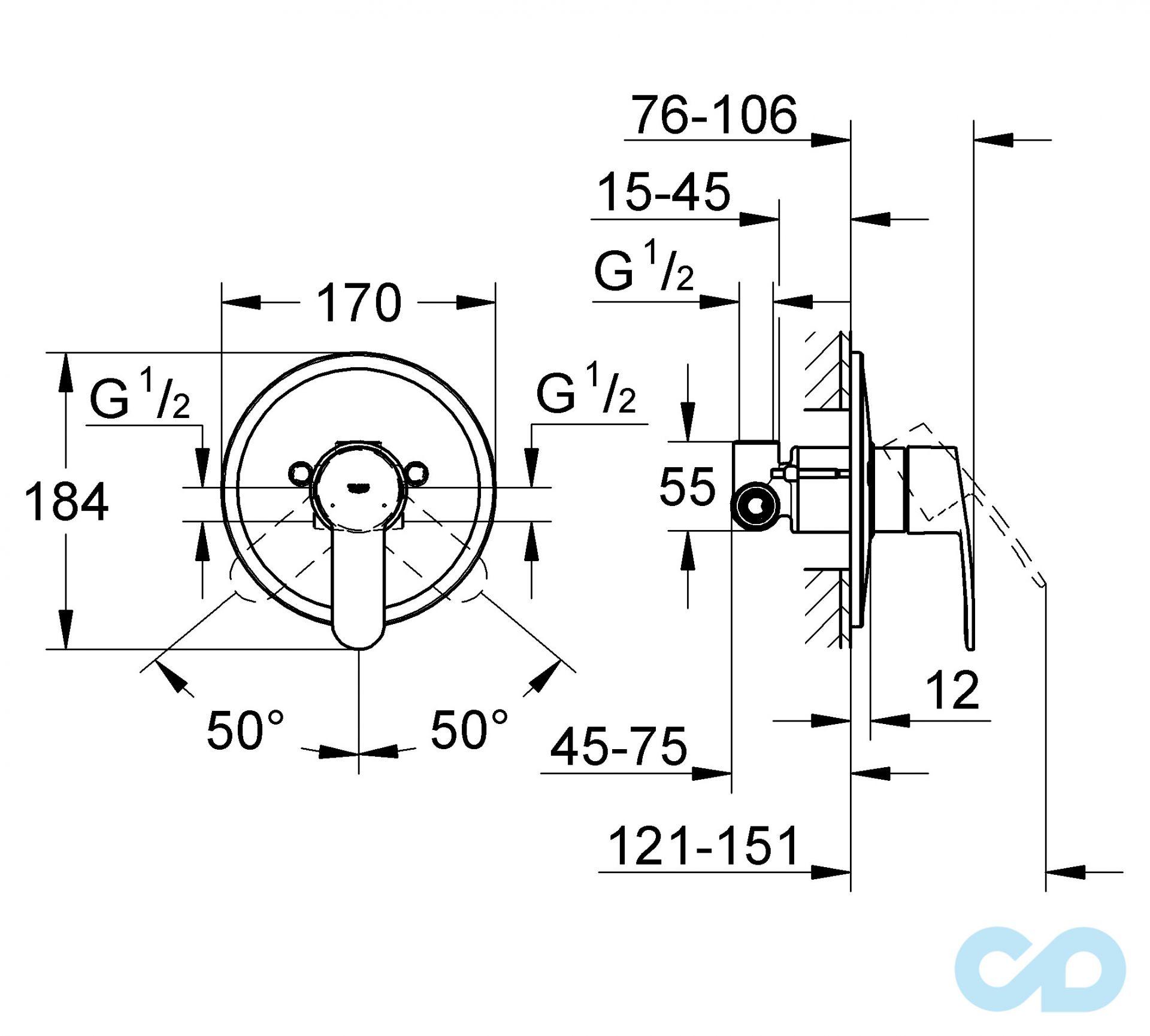 креслення Змішувач для душа Grohe Eurostyle Cosmopolitan 33635002