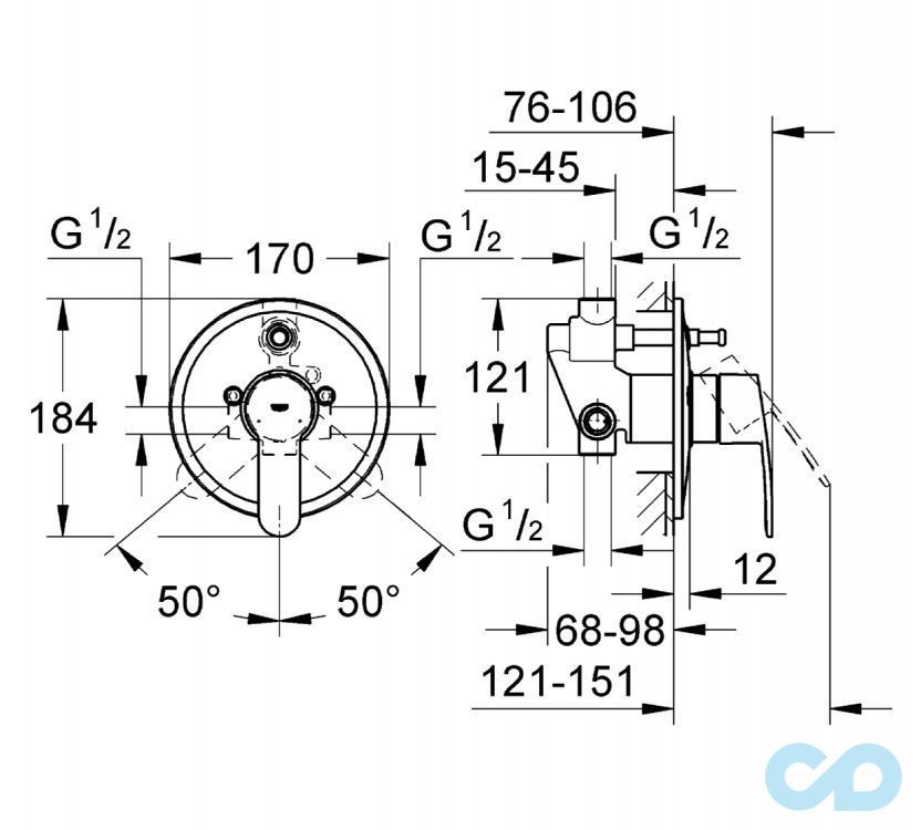 креслення Змішувач для ванни Grohe Eurostyle Cosmopolitan 33637002