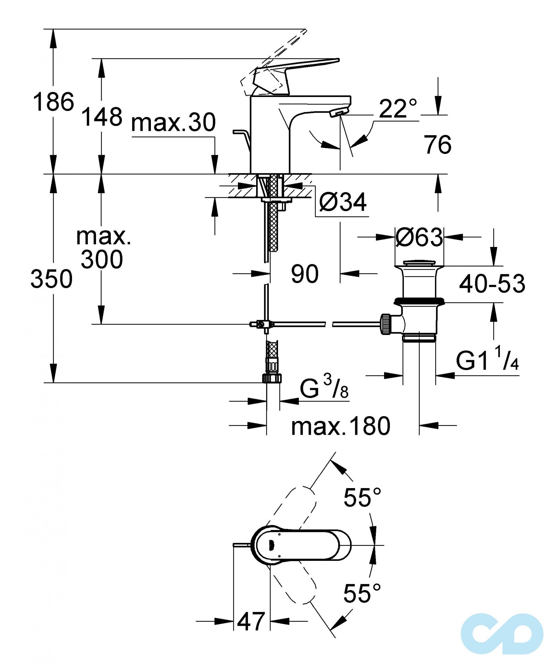 розмір змішувач для раковини grohe eurosmart cosmopolitan 3282500e