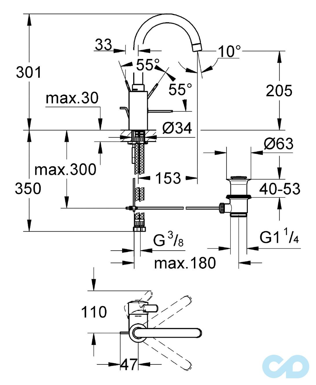 розмір змішувач для раковини grohe eurosmart cosmopolitan 32830000