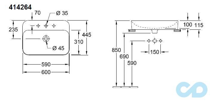 раковина накладна villeroy & boch finion 414264r1 розміри