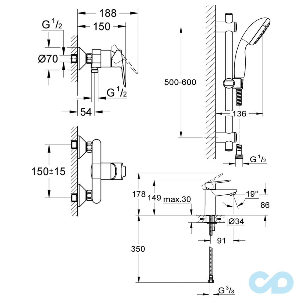 креслення Набір змішувачів Grohe BauEdge 123208S