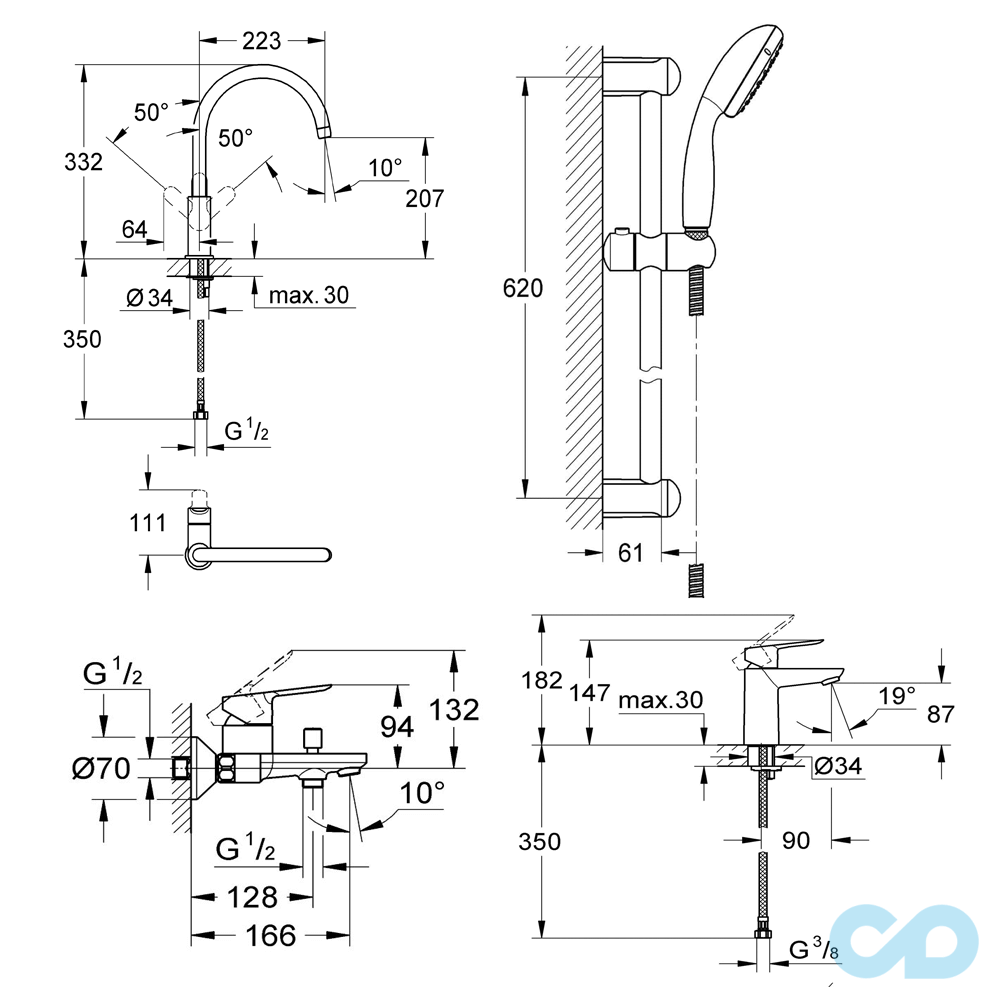 чертеж Набор смесителей Grohe Bau Edge 123218K