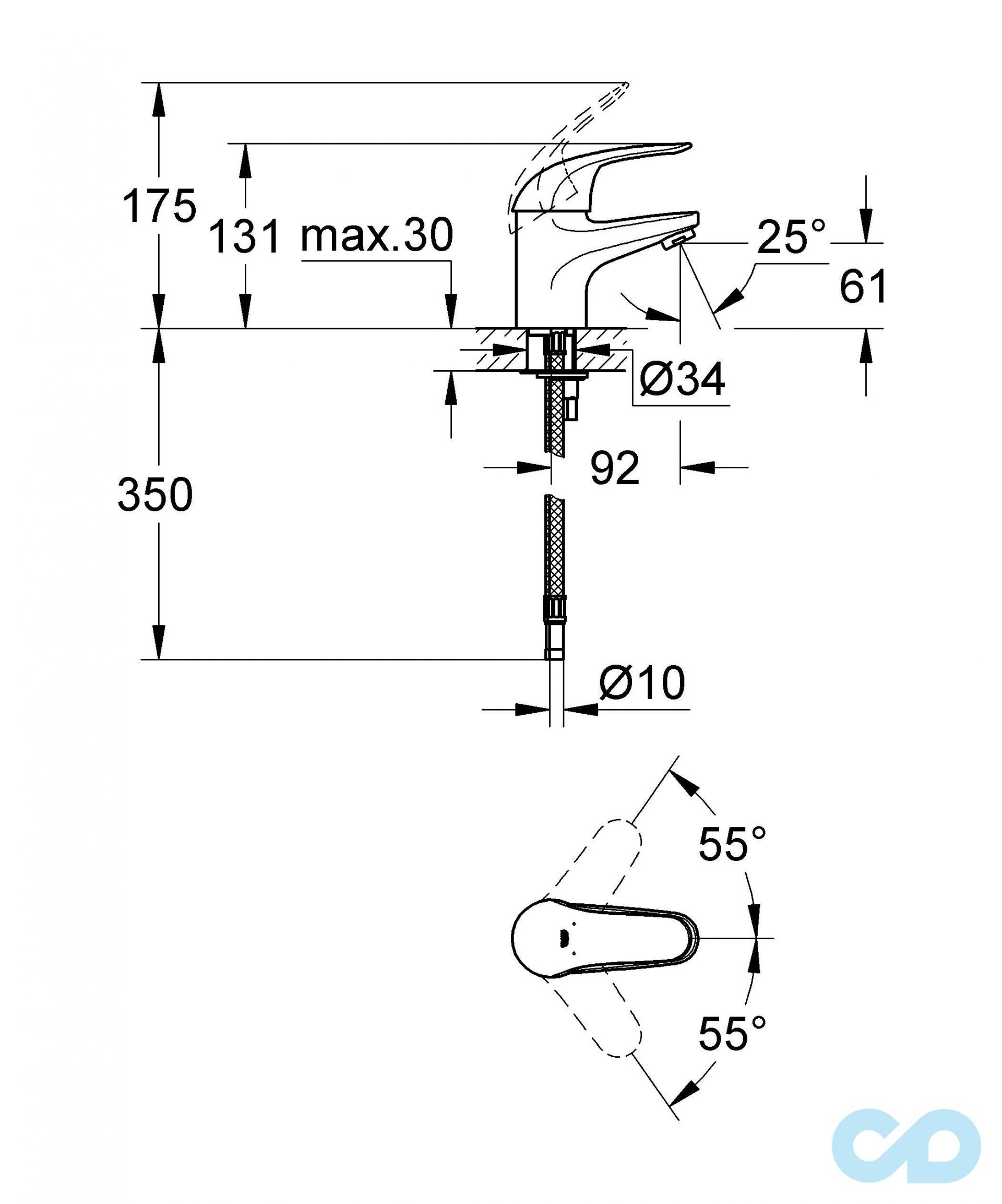 размер смеситель для раковины grohe euroeco 32734000