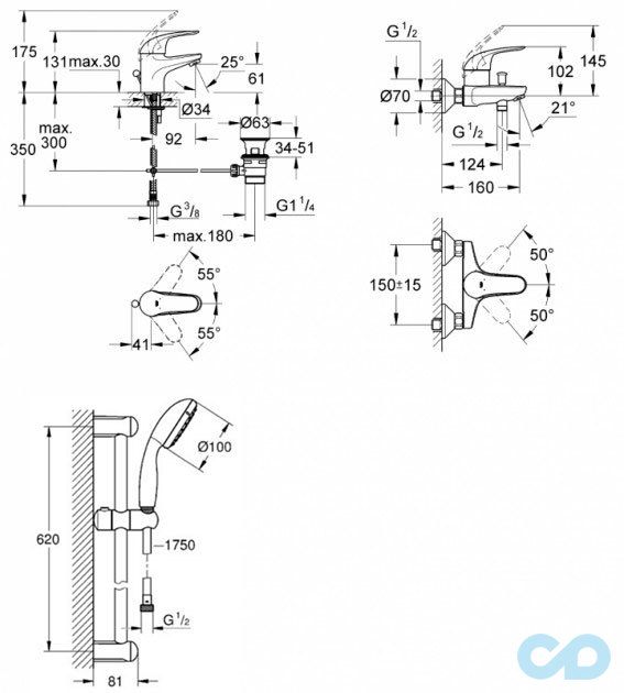 чертеж Набор смесителей для ванны Grohe Euroeco 123226S