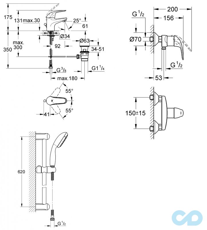 креслення Набір змішувачів для душу Grohe Euroeco 123232S
