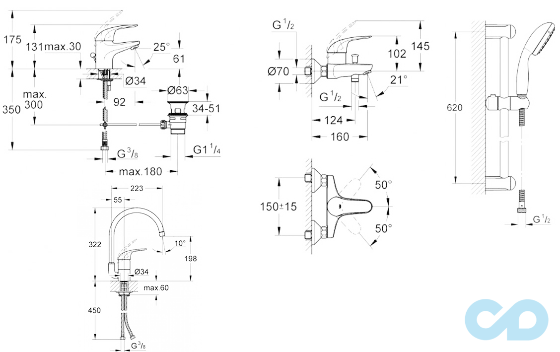 креслення Набір змішувачів Grohe Euroeco 123242K