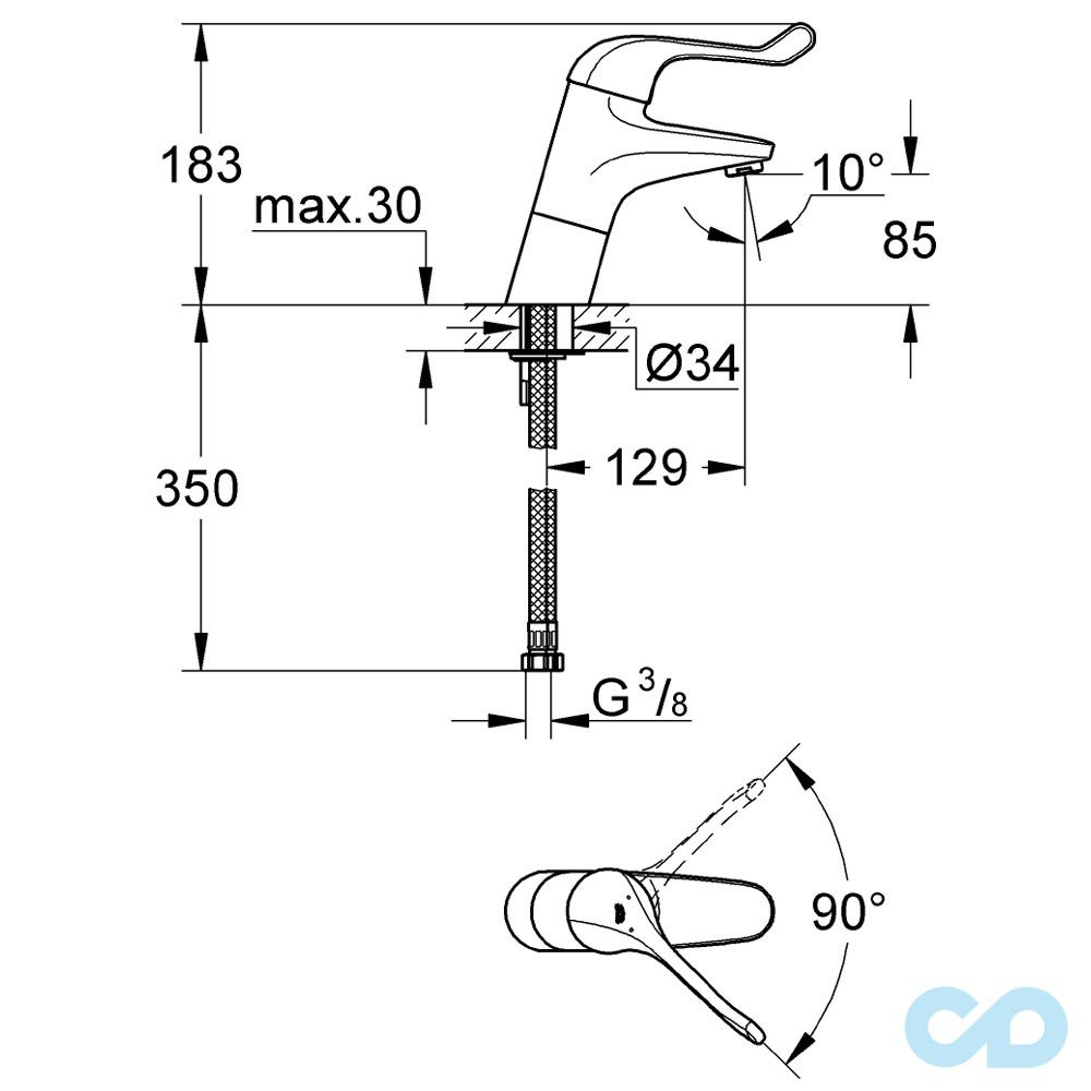 розмір змішувач для раковини grohe euroeco 32790000