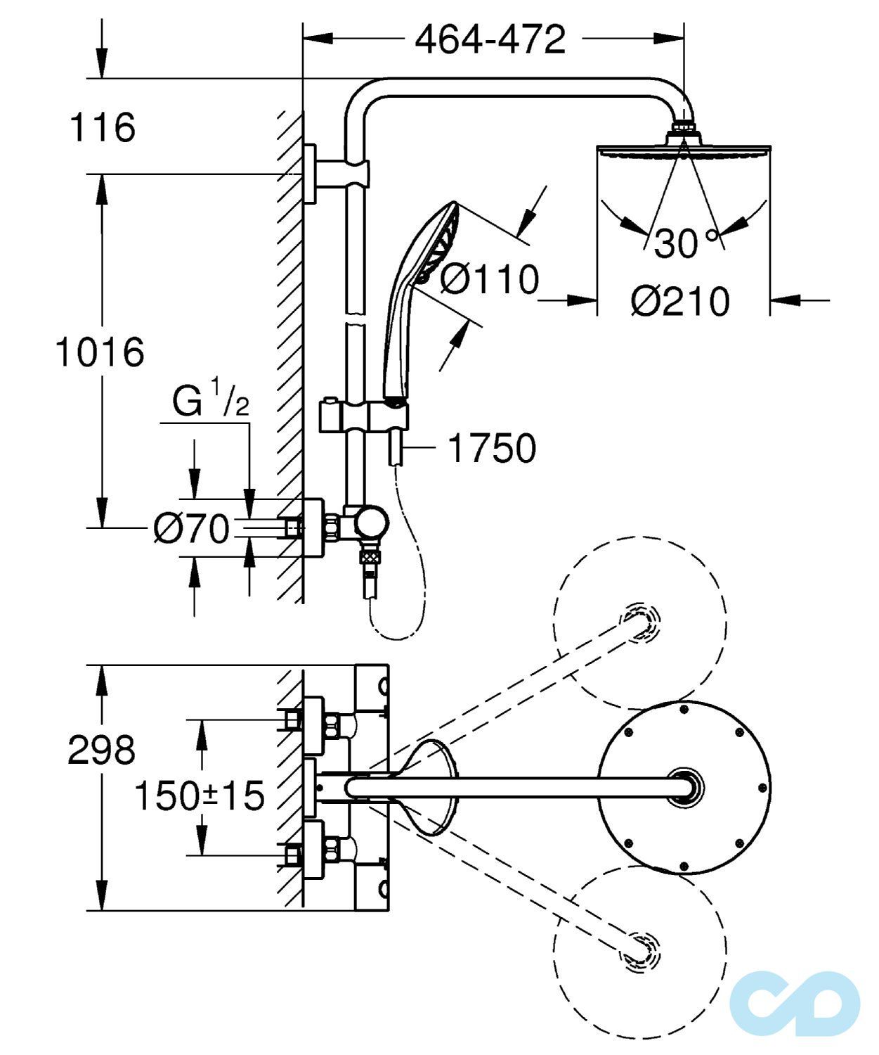 креслення Душова система Grohe Euphoria XXL 210 27964000