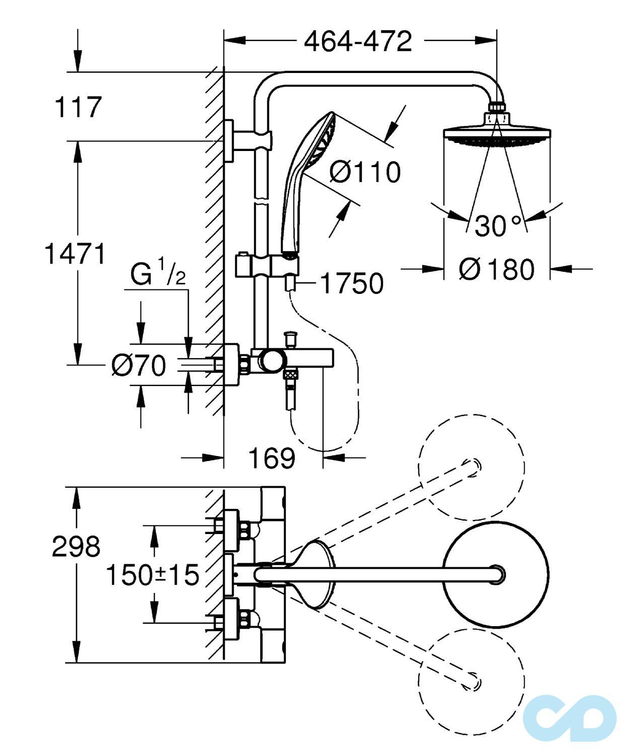 креслення Душова система з термостатом Grohe Euphoria 27475000