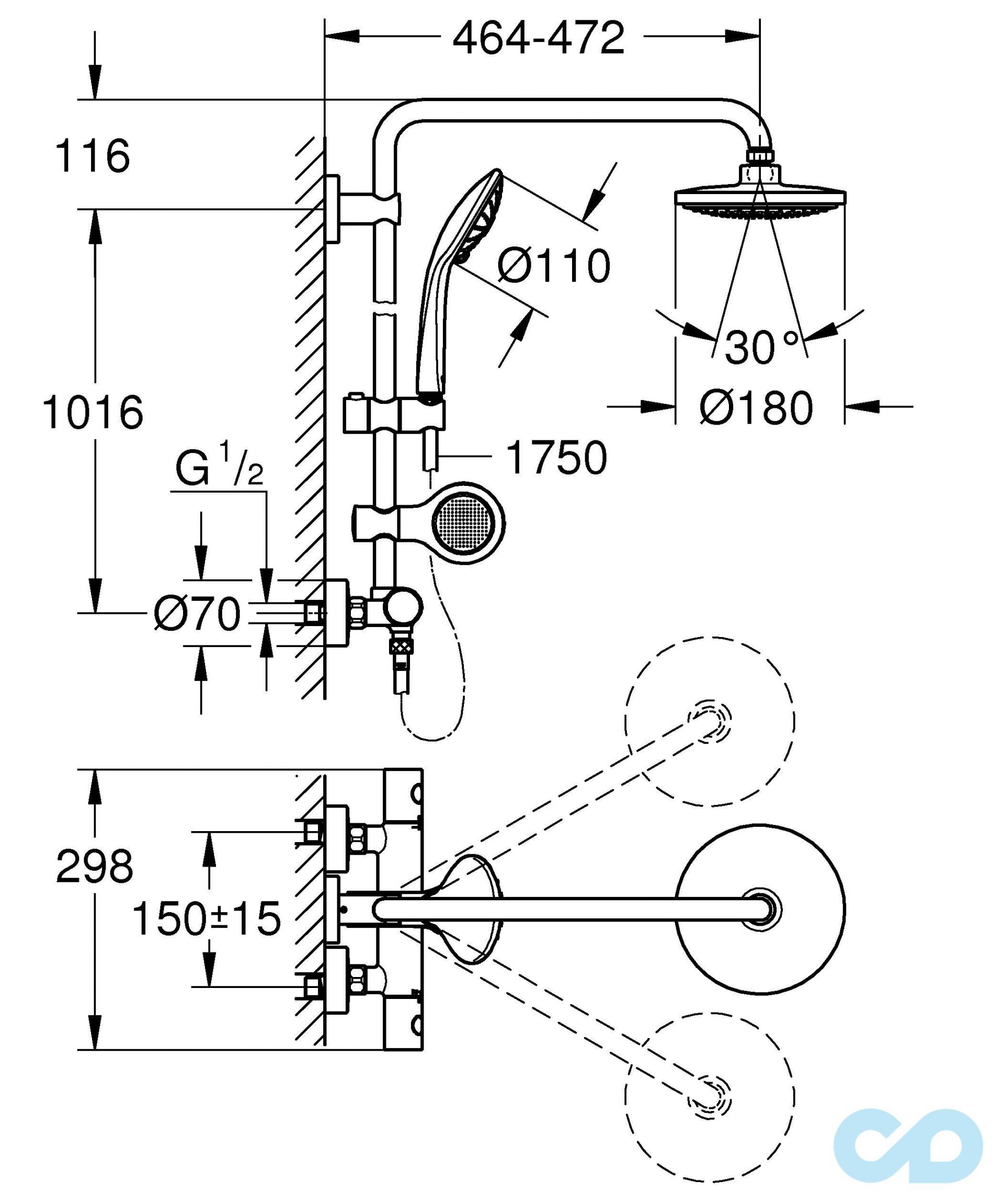 креслення Душова система з термостатом Grohe Euphoria 26273000 