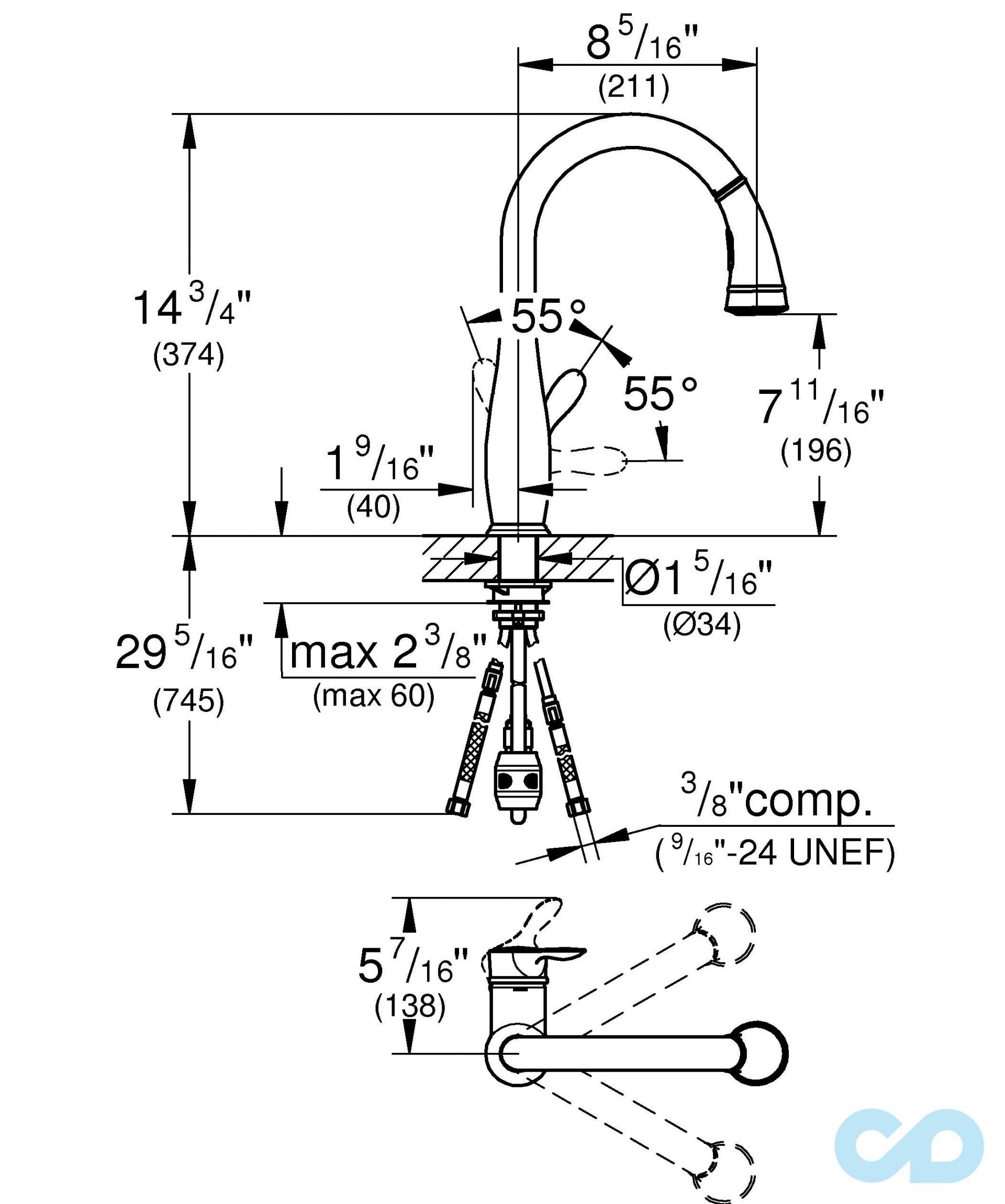 размер смеситель для мойки grohe parkfield 30213zb0