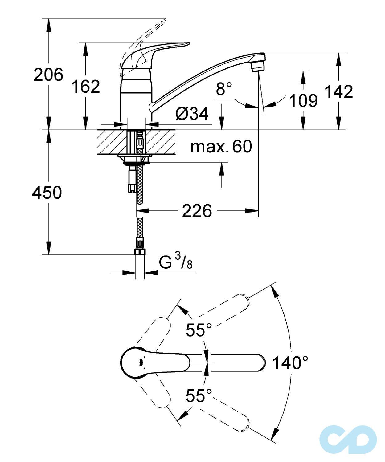 розмір змішувач для мийки grohe euroeco 32750000