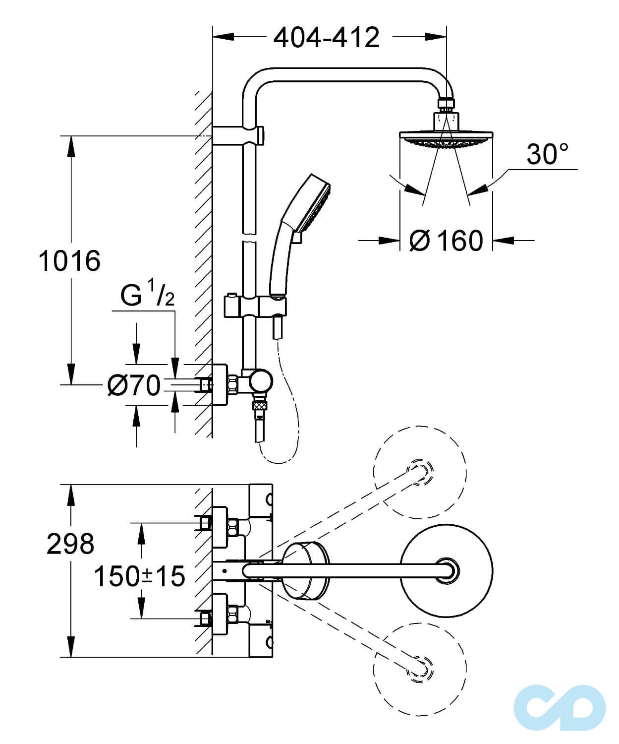 креслення Душова система Grohe New Tempesta Cosmopolitan 160 27922000