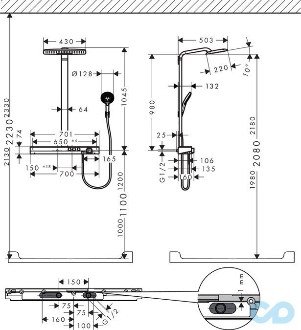 креслення Душова система Hansgrohe Rainmaker Select 420 2jet Showerpipe 27168400