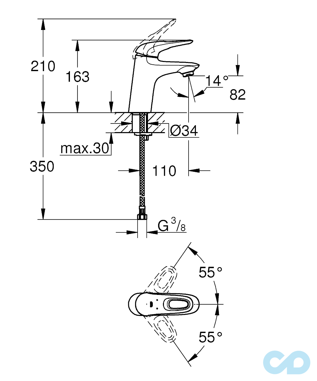 розмір змішувач для раковини grohe eurostyle 33558ls3