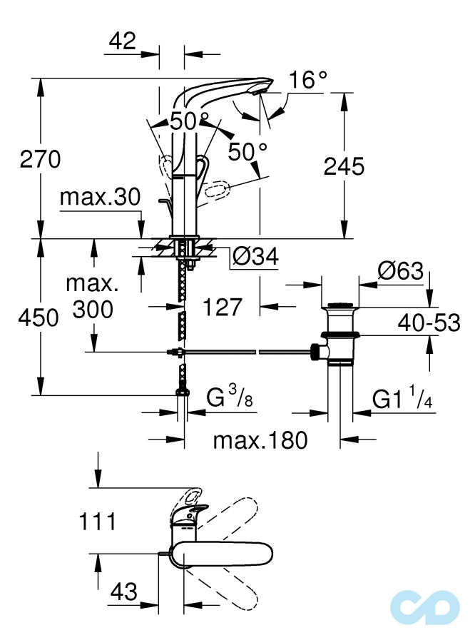 розмір змішувач для раковини grohe eurostyle 23569003